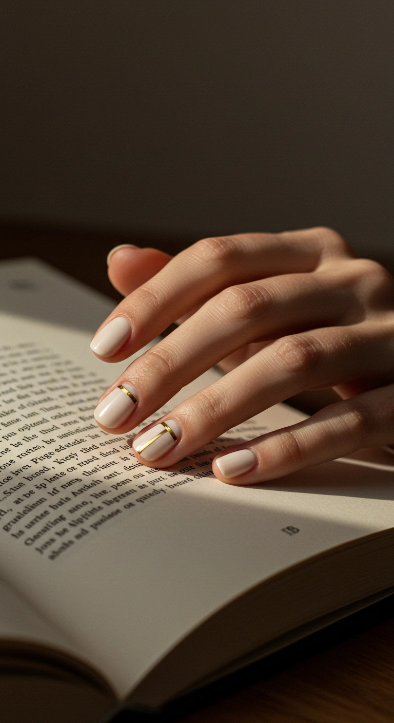 Short, off-white nails with a single, thin vertical gold stripe down the middle.