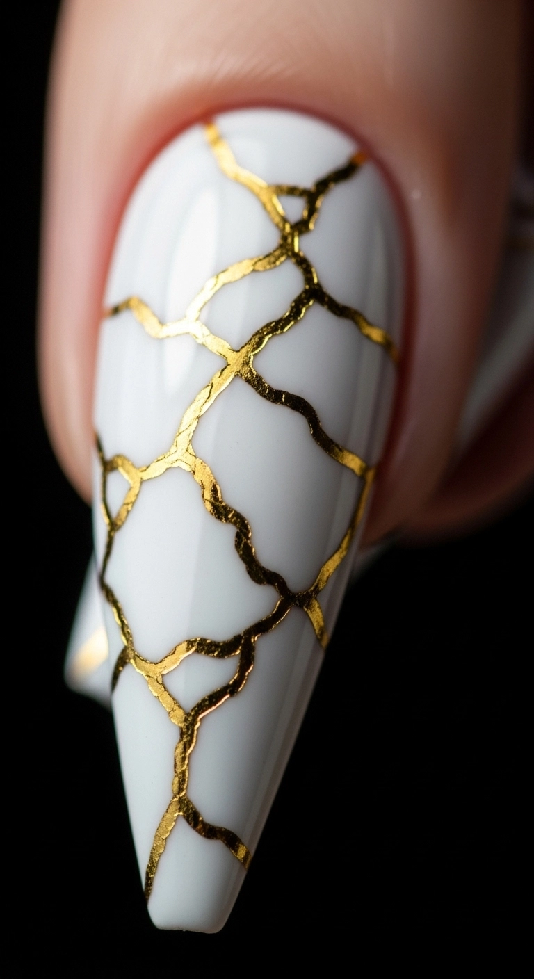 A glossy white stiletto nail with a 'kintsugi' style cracked gold design.