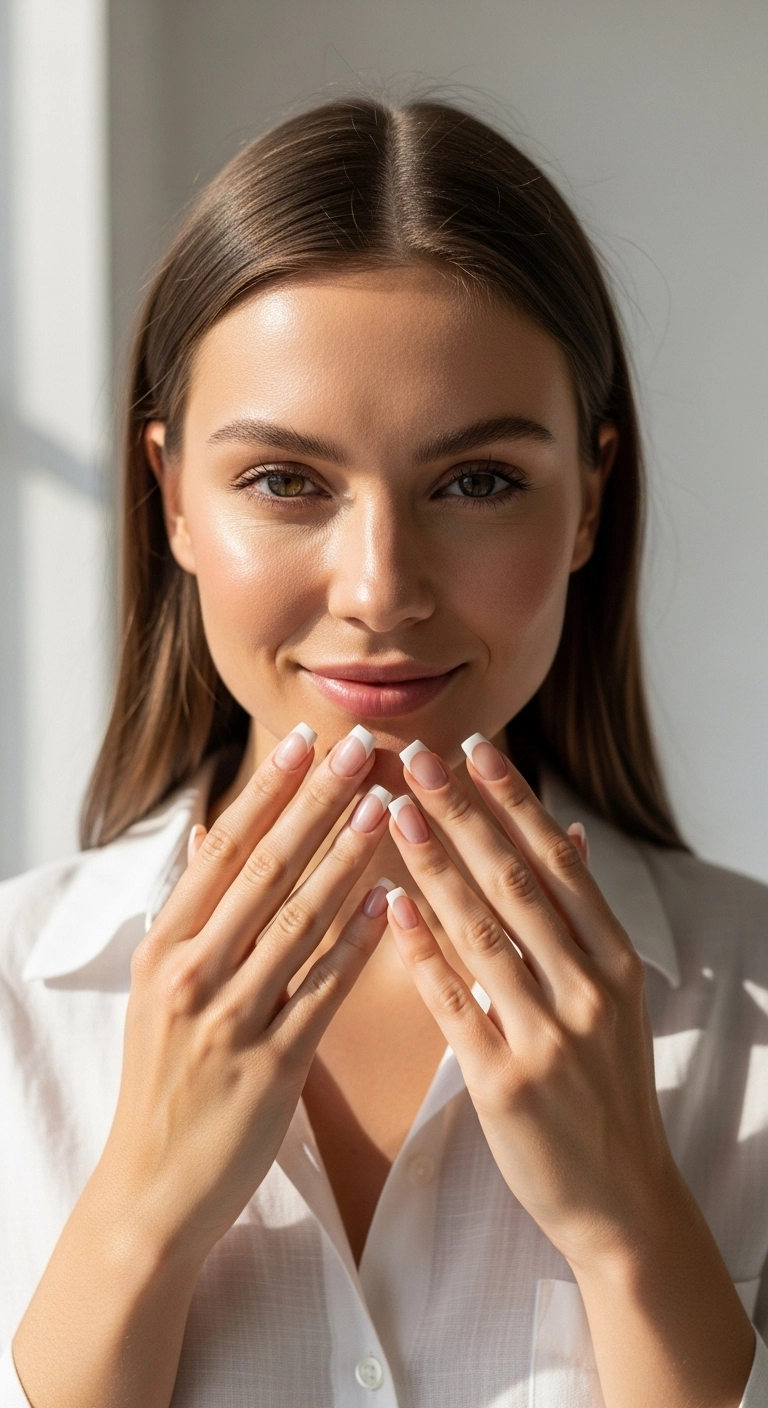 A woman with short square nails featuring a modern, thin white French tip manicure.