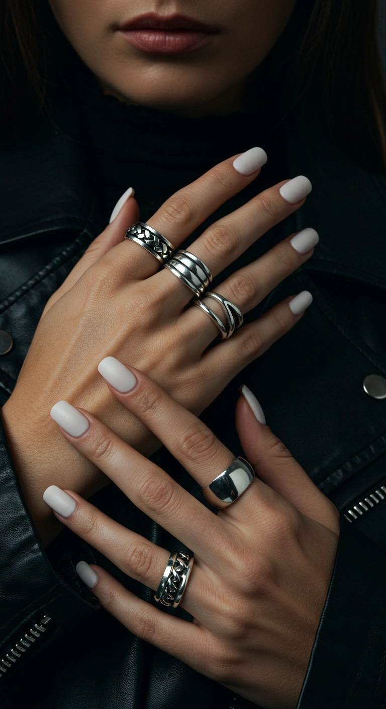 A woman's hands with matte white square nails and silver rings.