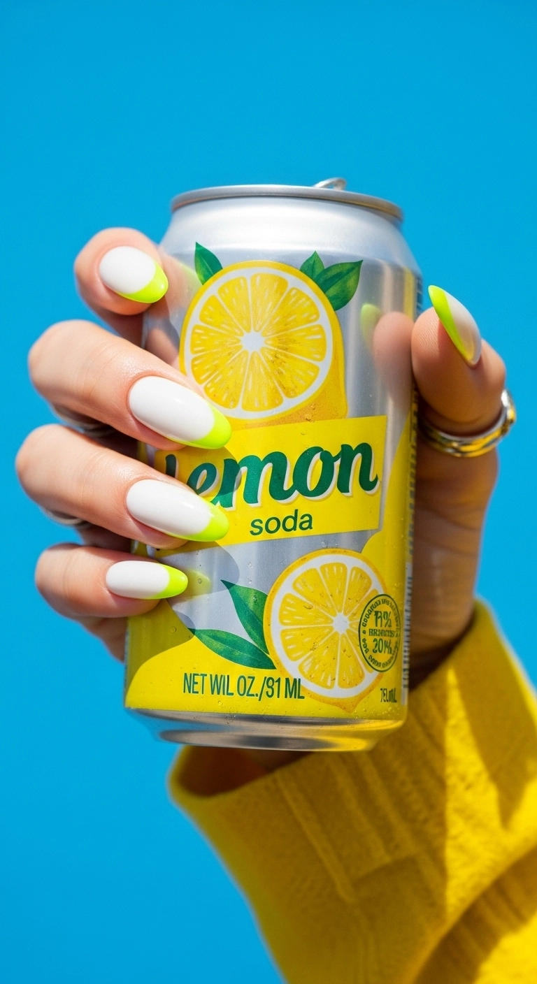 Long white almond nails with bright neon yellow tips.