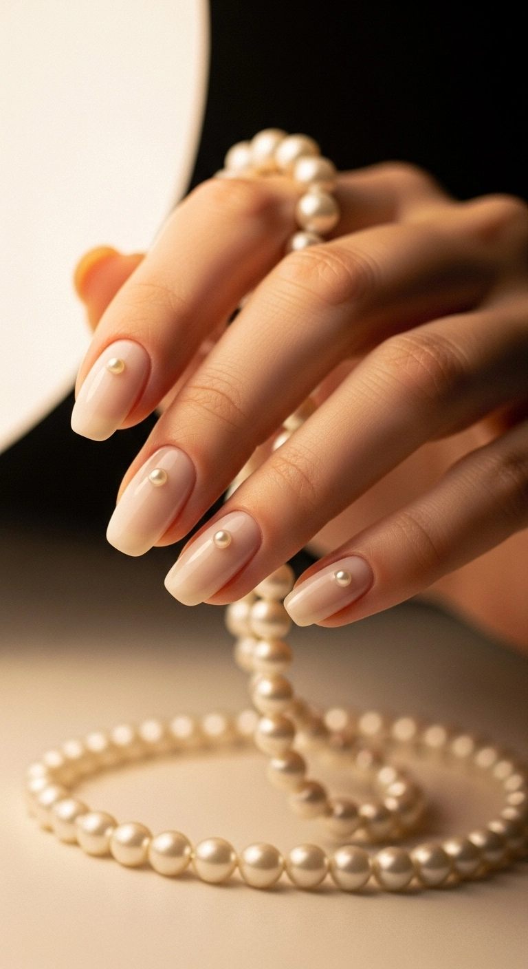 Creamy off-white nails adorned with a single pearl at the base of each nail.