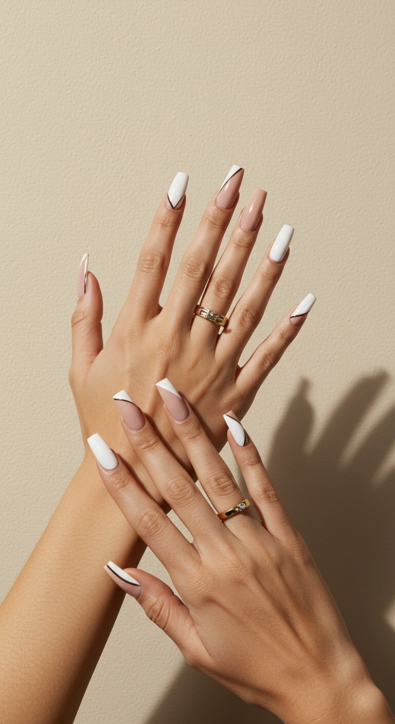 A woman's coffin nails with a sharp, geometric color block design in white and nude.