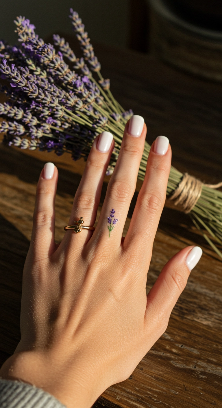 Short white nails with a delicate, hand-painted lavender sprig on the accent nail.