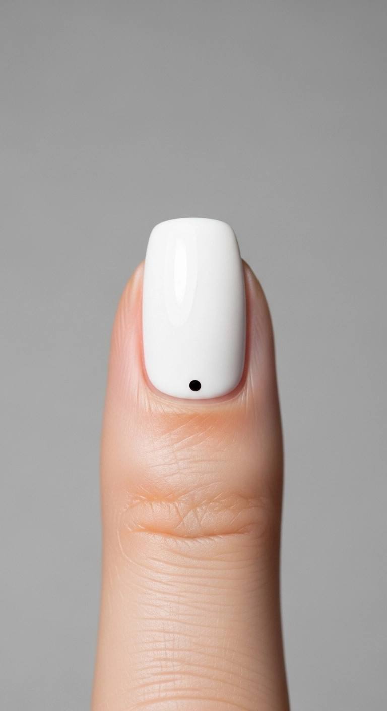 A close-up of a single short white nail with a tiny black dot at the base.