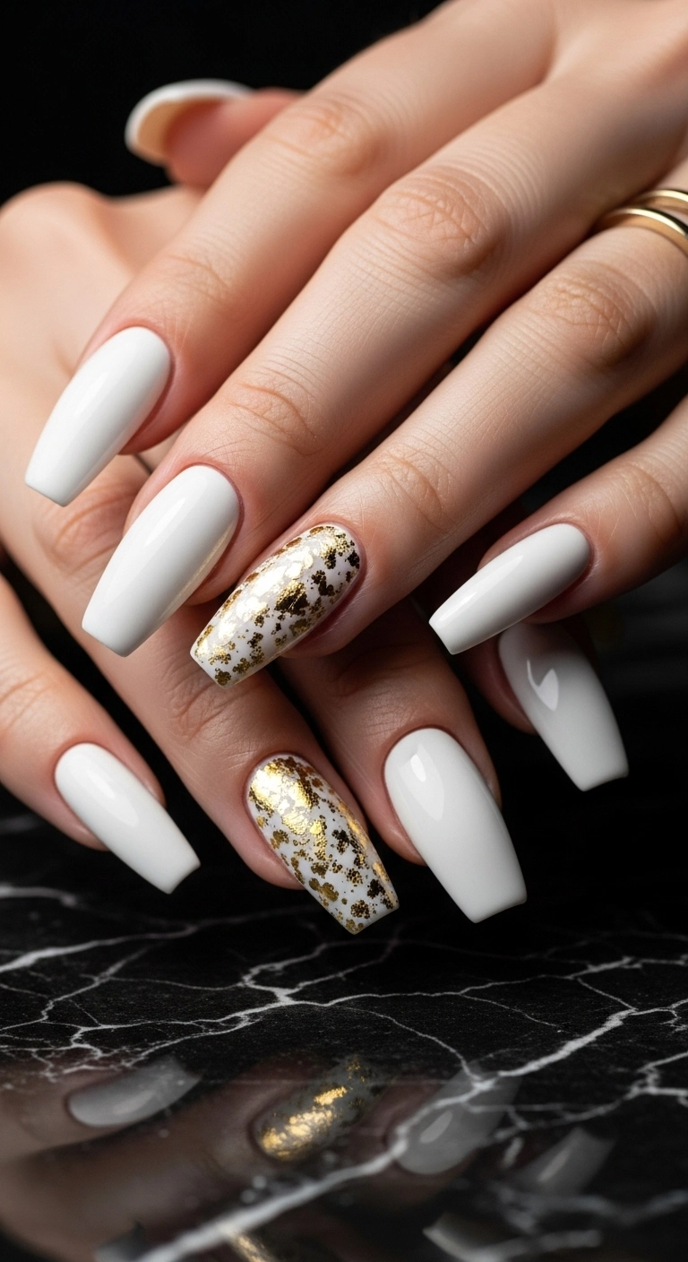 A close-up of matte white coffin nails accented with gold foil flakes.