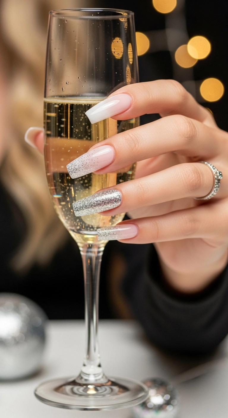 Long square nails with a milky white to silver glitter ombré effect.