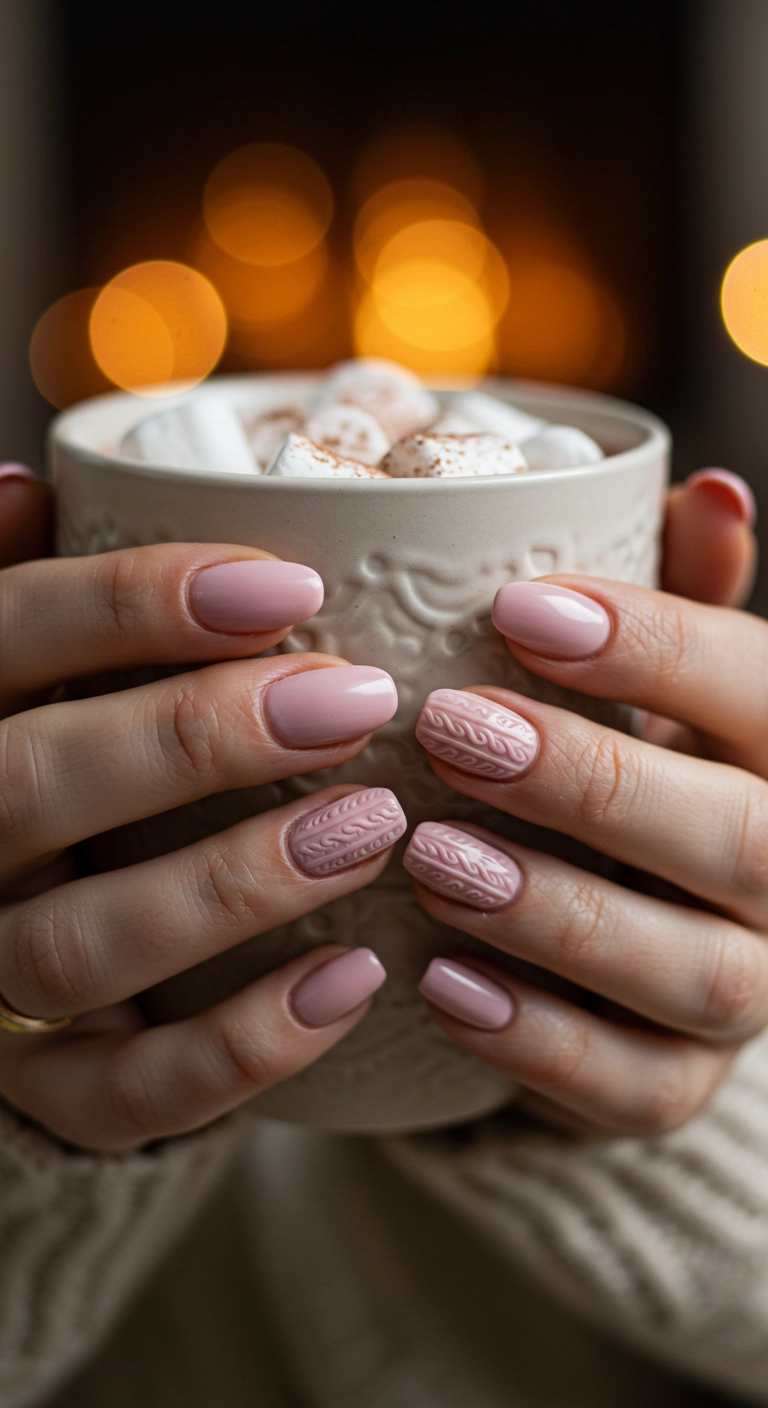 A close-up of squoval nails with a textured 3D sweater knit design in soft pink.