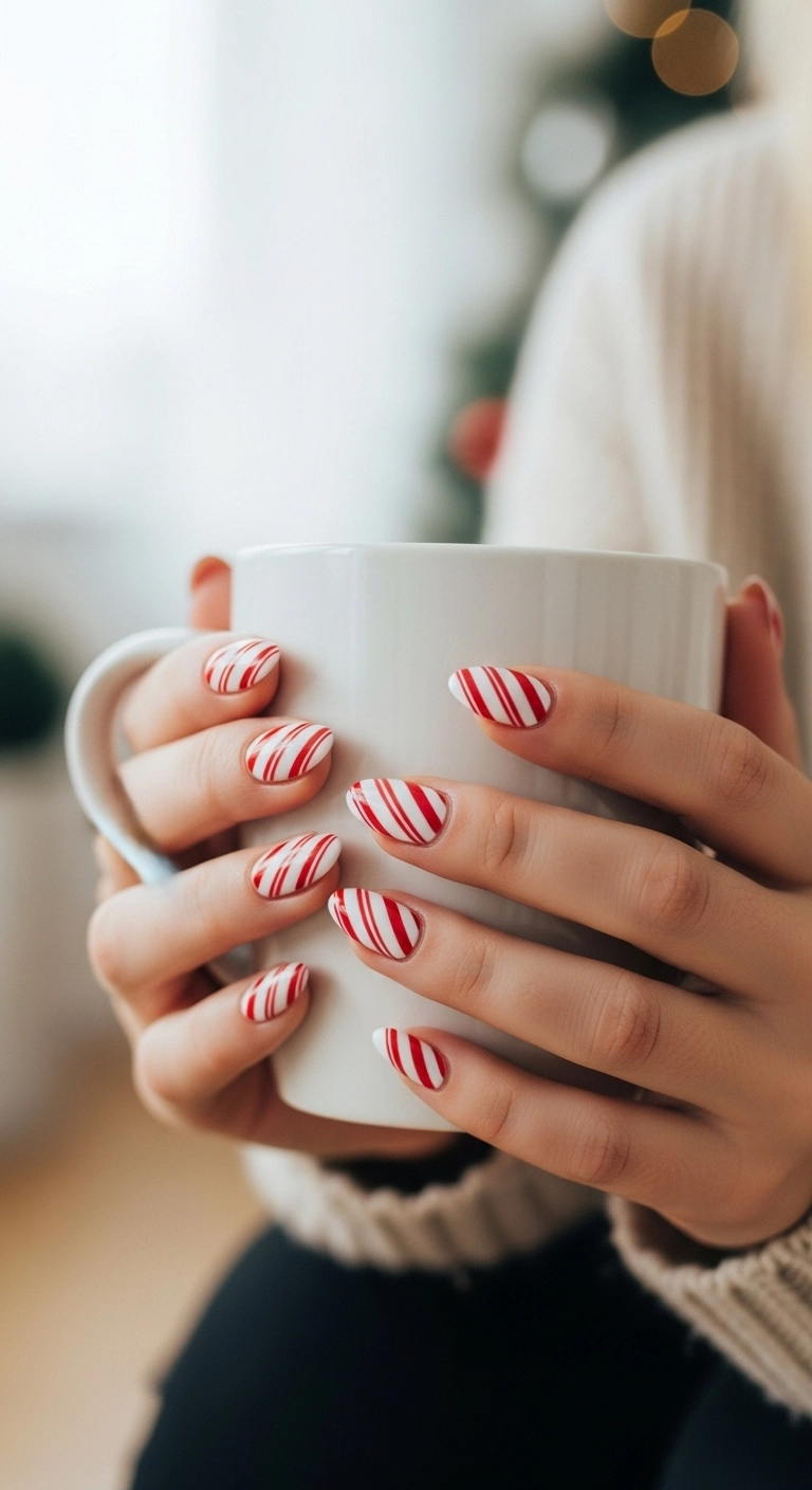 A close-up of almond-shaped nails painted with red and white candy cane stripes.