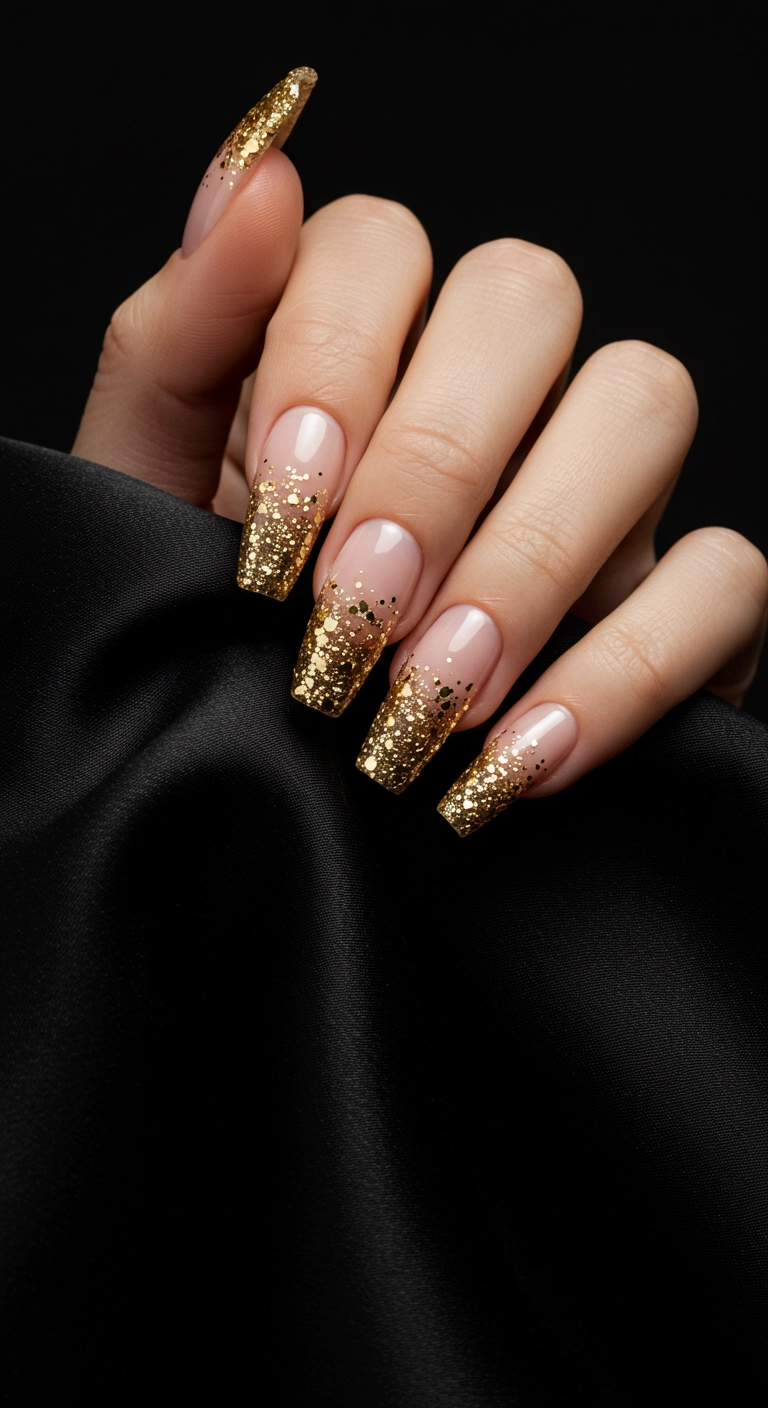Long almond nails with a glamorous and dense gold glitter gradient from base to tip.