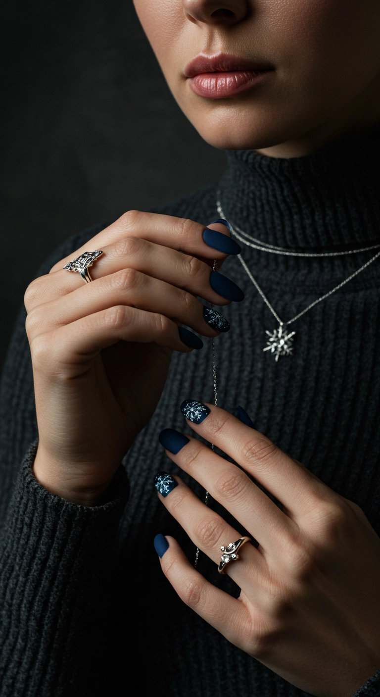 Oval nails with a matte midnight blue base and delicate silver snowflake art.