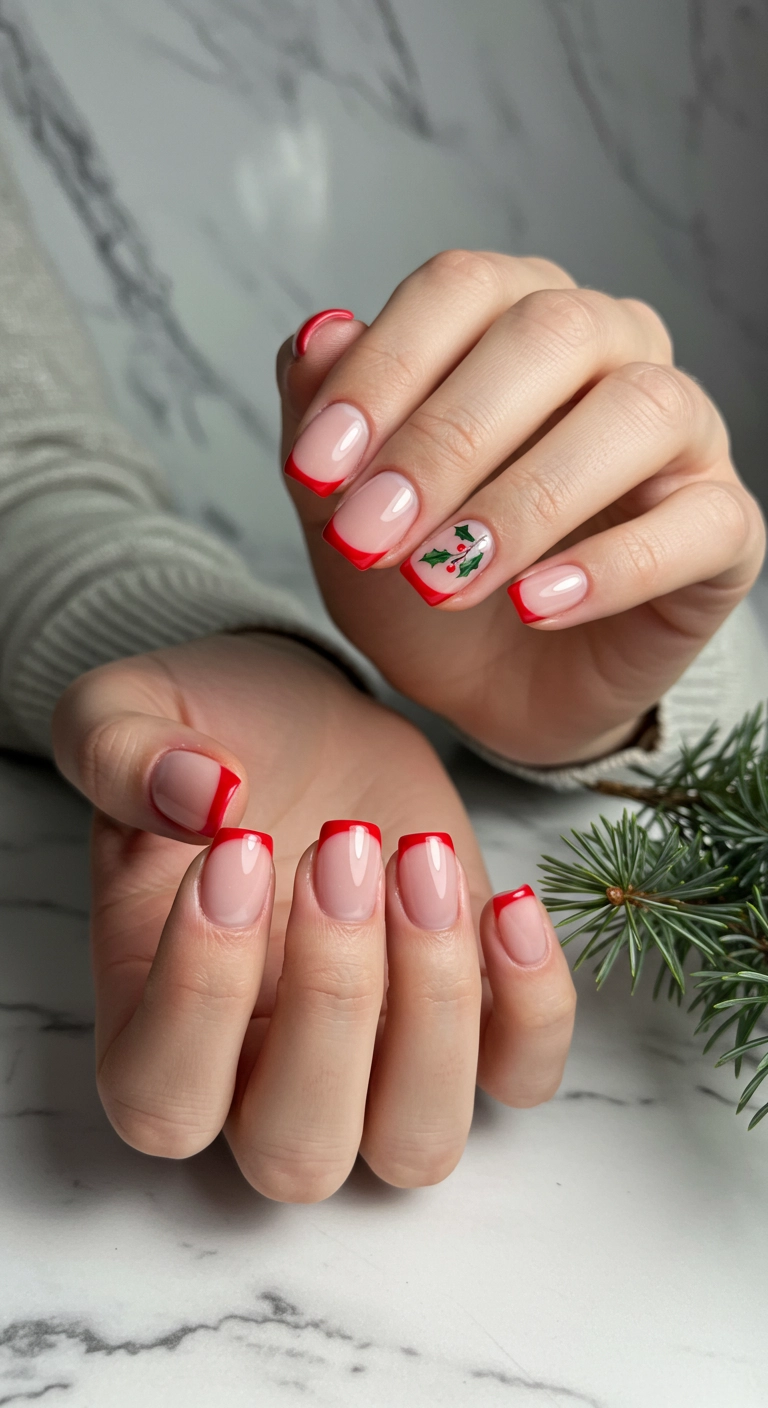 Short square nails with a modern red French tip and a minimalist holly accent.