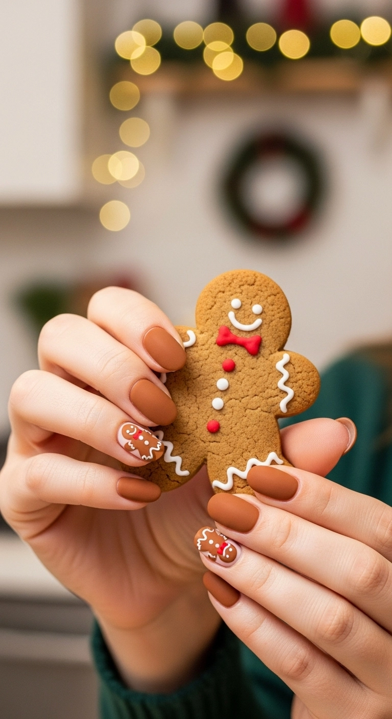 Rounded nails in a gingerbread-brown color with a cute gingerbread man accent nail.