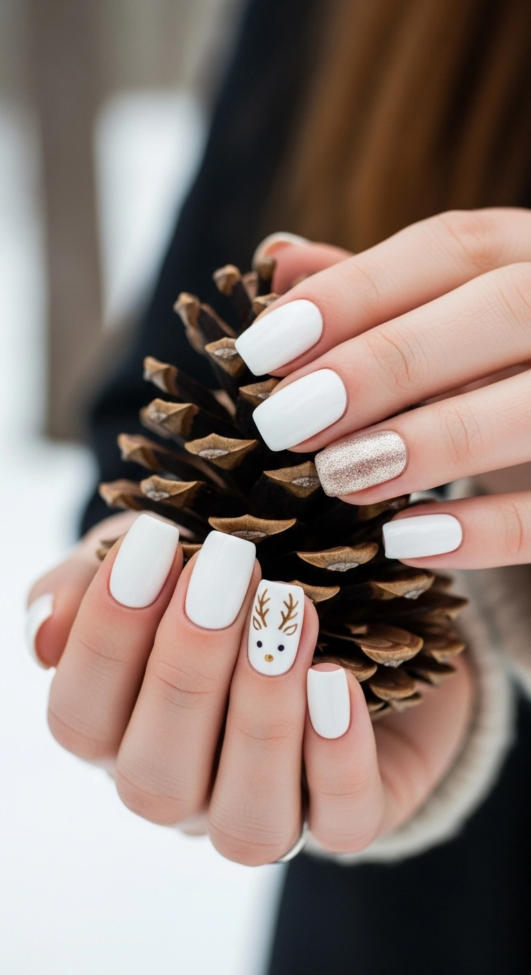 Creamy white nails with a single accent nail featuring a cute and simple reindeer face.