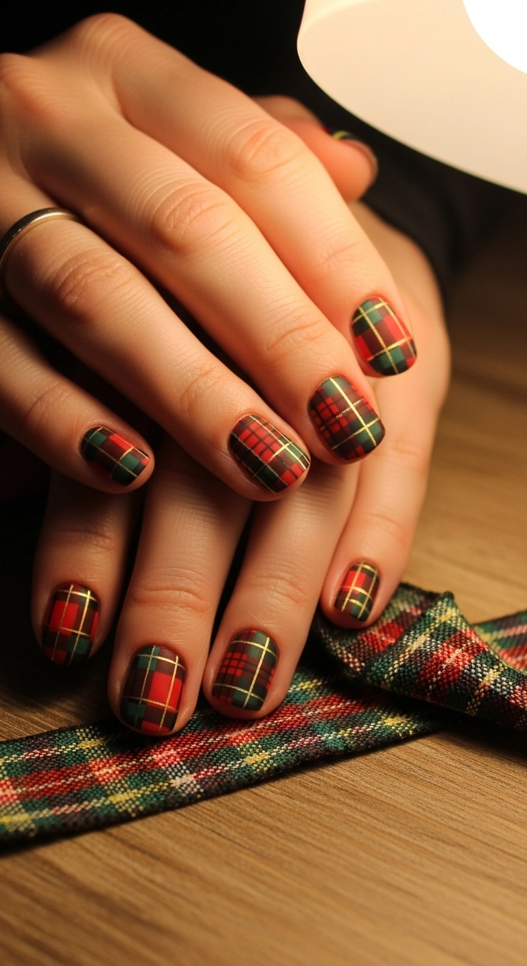 A detailed shot of short nails with a classic red, green, and gold Christmas plaid pattern.