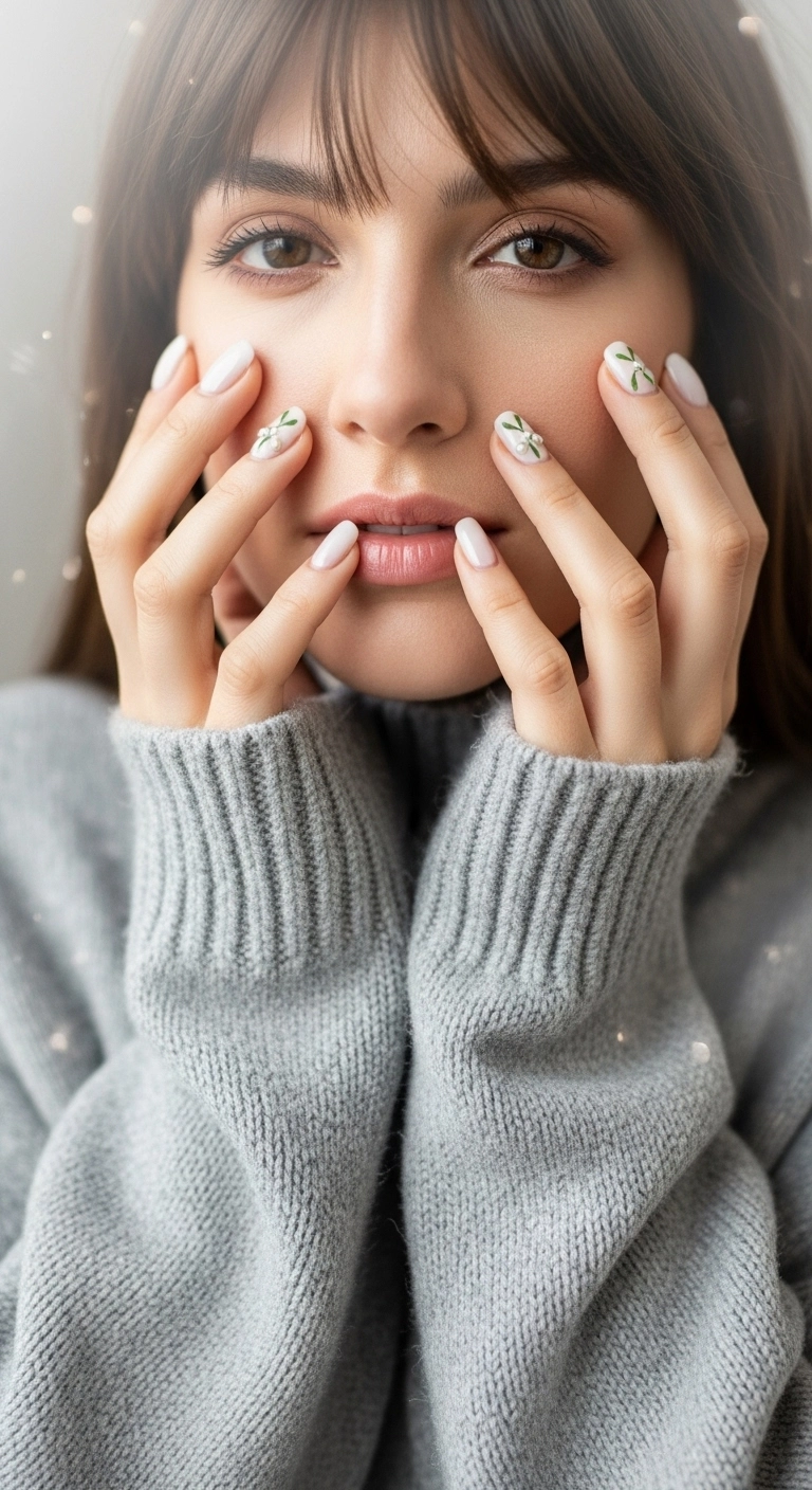 Short natural nails with a milky white base and delicate mistletoe art with pearl berries.