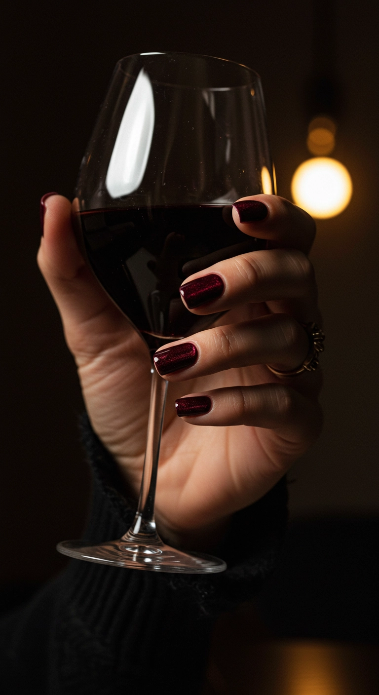 Short square nails with a deep burgundy polish that has a textured velvet effect.