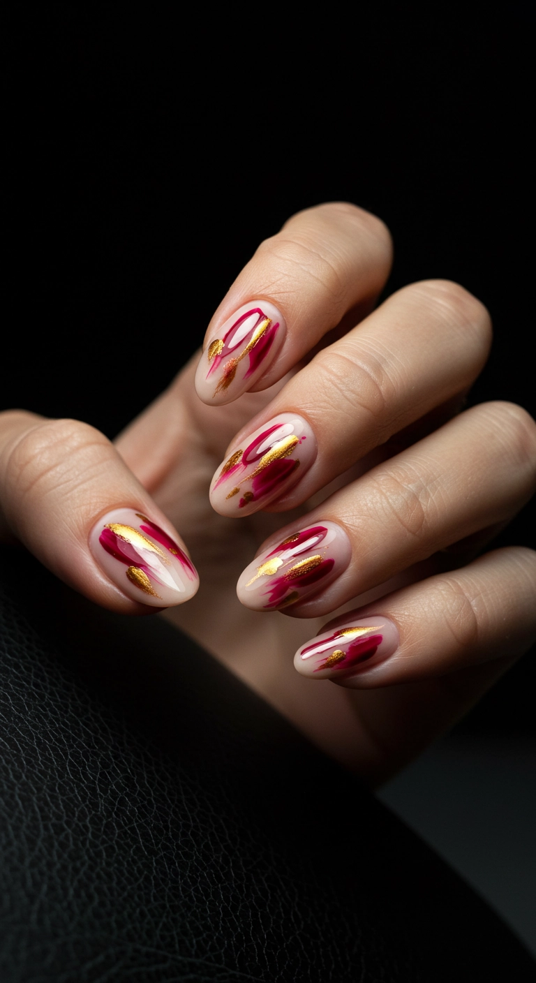 Squoval nails with a nude base featuring modern, abstract brushstrokes in red and gold.