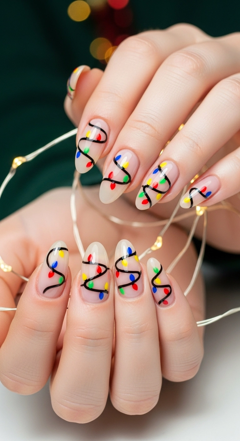 Oval nails with a nude base and colorful Christmas light string art painted on them.