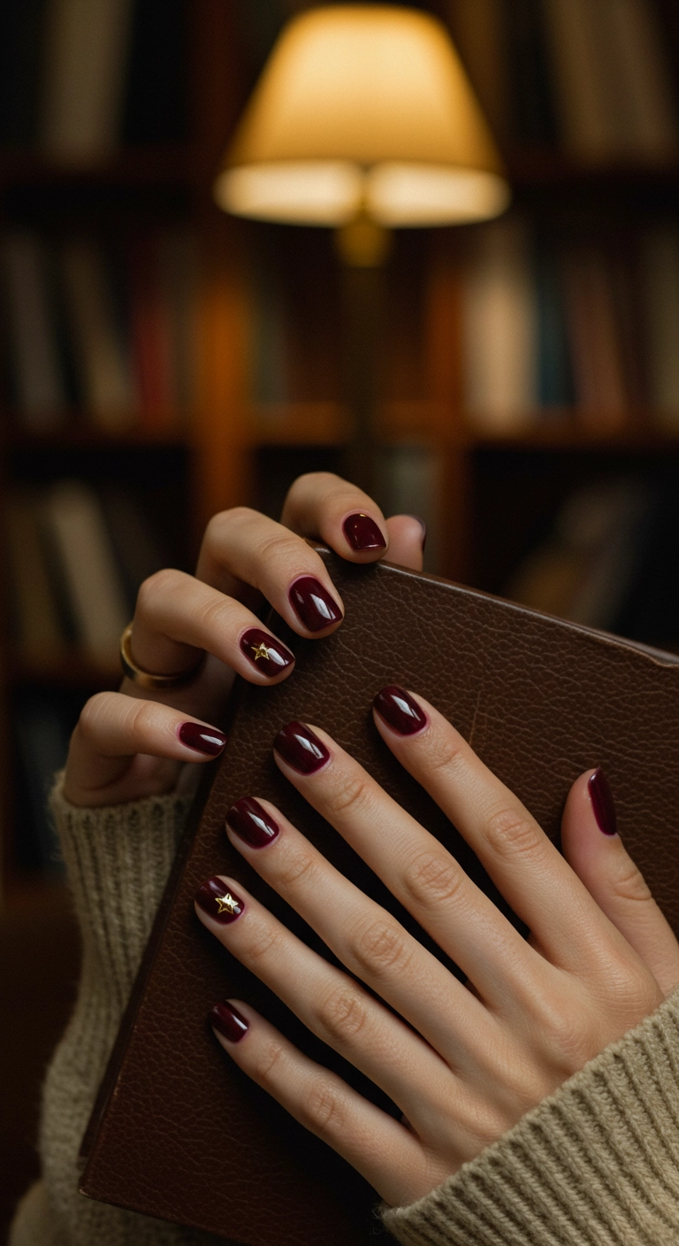 Short, glossy burgundy nails with a single tiny gold star accent near the cuticle.