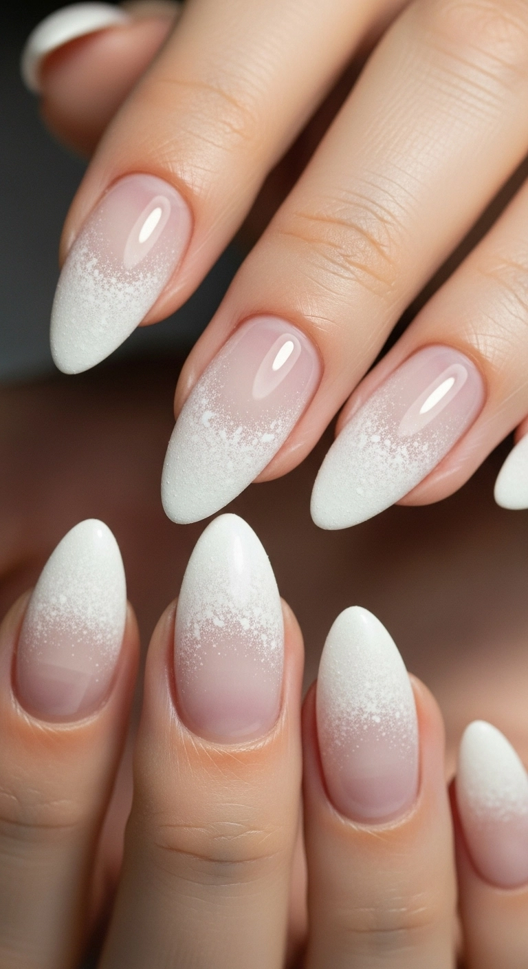 Almond-shaped nails with a sheer milky base and a soft, frosted matte white effect on the tips.