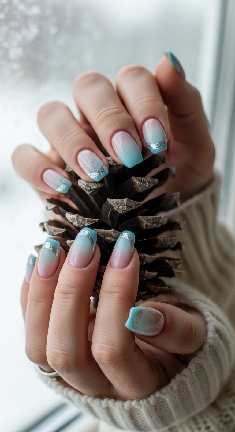 Close-up of short almond-shaped nails with icy blue French tips and a delicate silver glitter line.