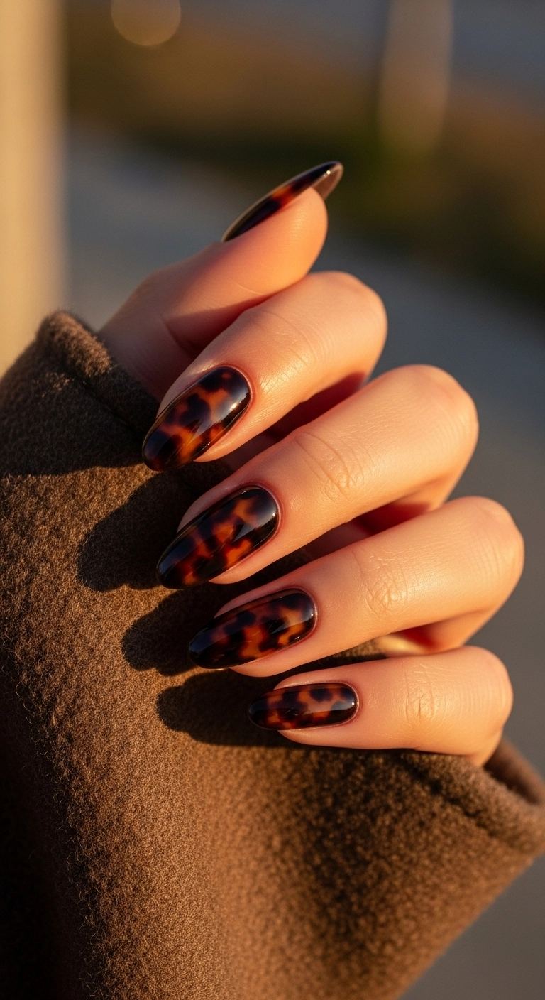 Medium oval nails with a dark, glossy tortoiseshell pattern in brown, black, and amber.
