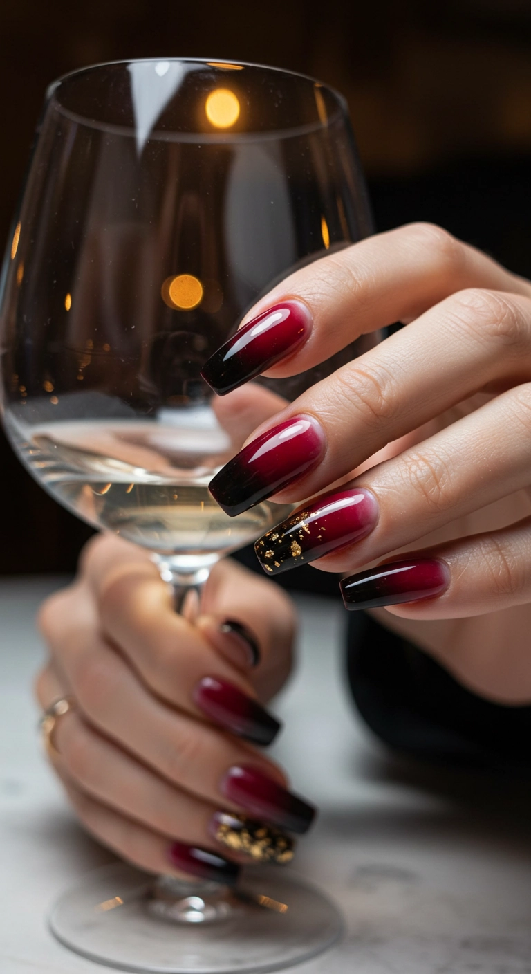 Long square nails with a glossy cranberry red to black ombré and subtle gold flakes.