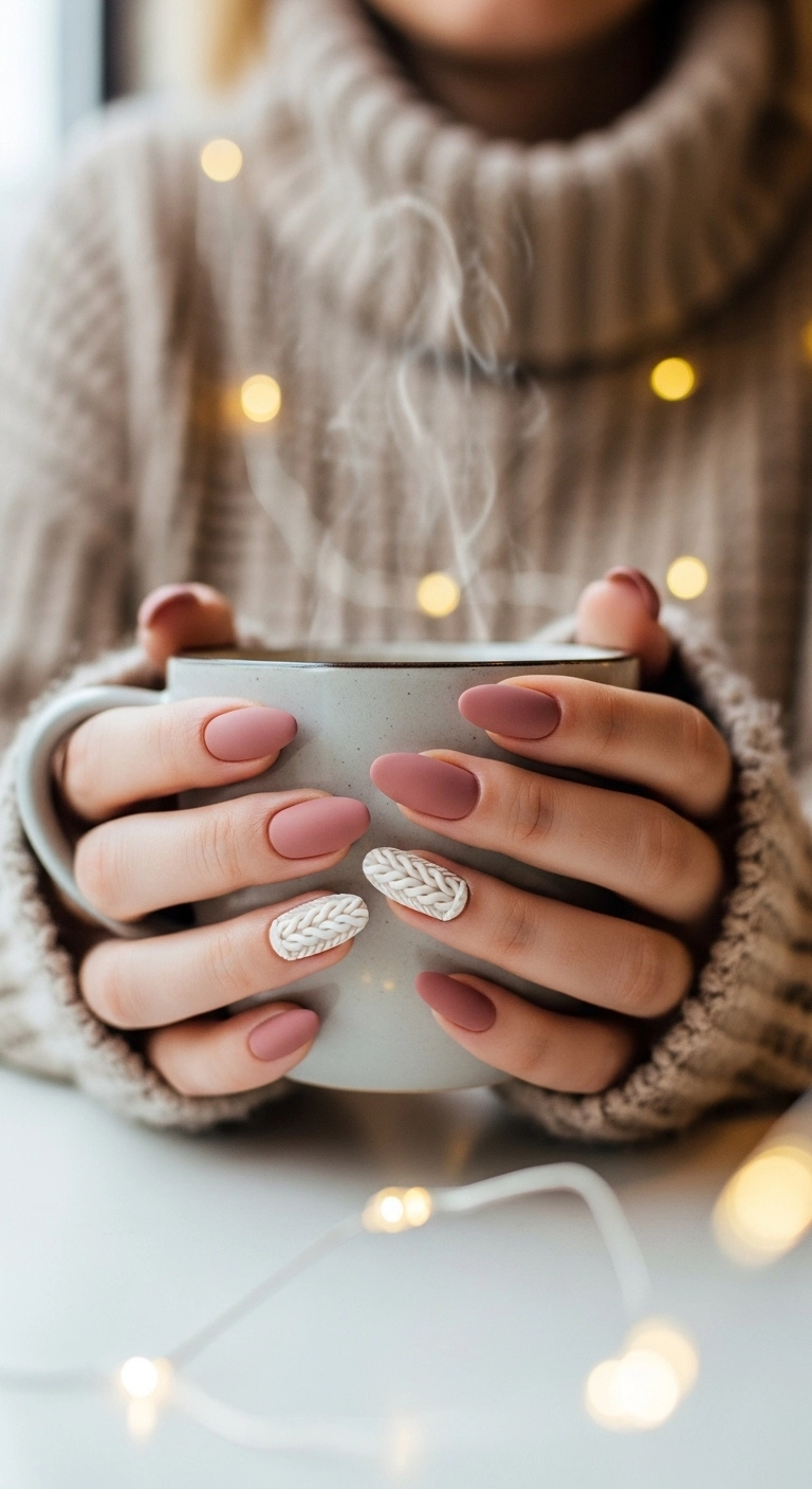 Woman's hands with cream-colored 3D cable knit sweater nail art holding a warm mug.