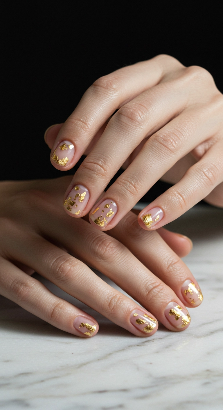 Short nude nails with abstract, minimalist gold foil accents on a marble background.