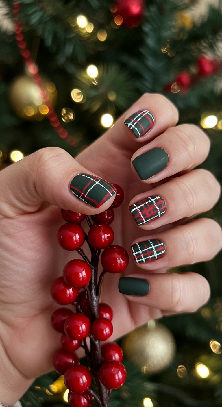 Short square nails with a classic matte red, green, and white winter plaid design.
