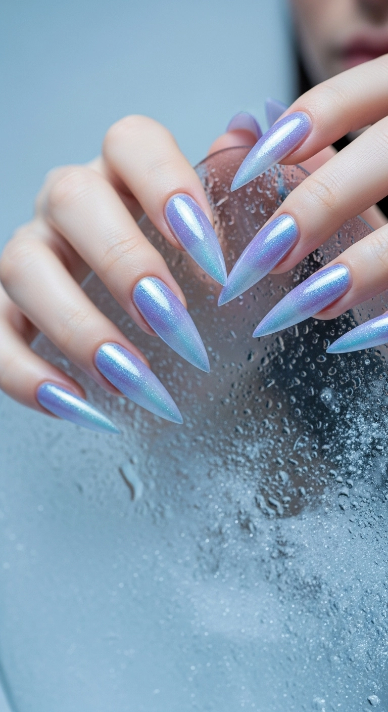 Long stiletto nails with a highly reflective, icy lavender chrome finish.