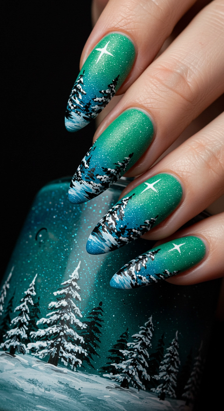 Detailed nail art depicting a snowy winter forest scene across multiple long almond nails.