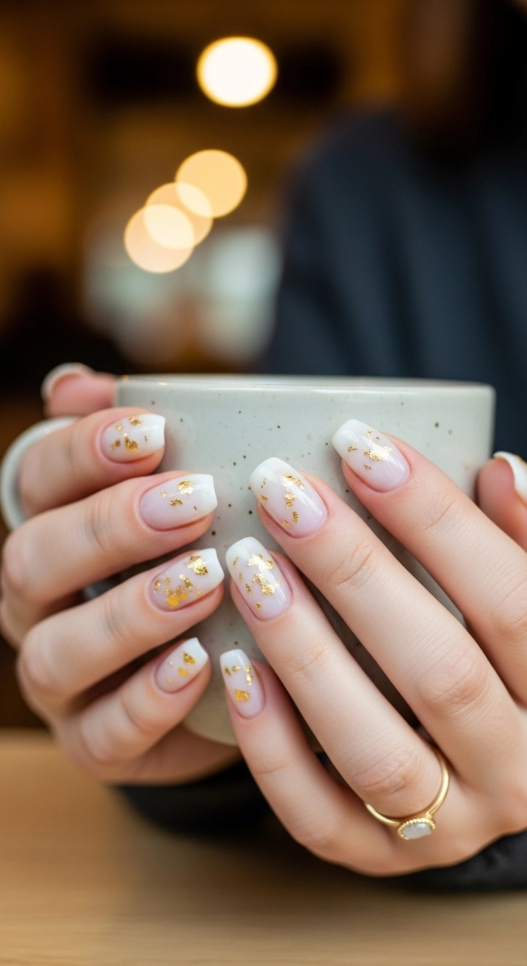 Short squoval acrylic nails in a milky white color with delicate gold flakes scattered throughout.