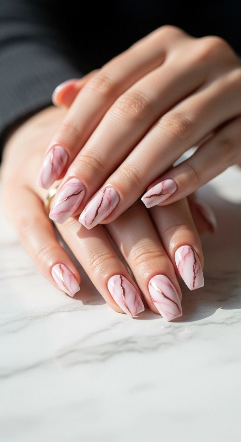 Medium coffin acrylic nails with a soft and elegant pink and white marble design featuring rose gold veins.
