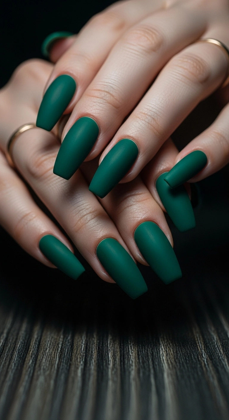 A woman's hands showing off long, coffin-shaped acrylic nails in a bold matte emerald green.