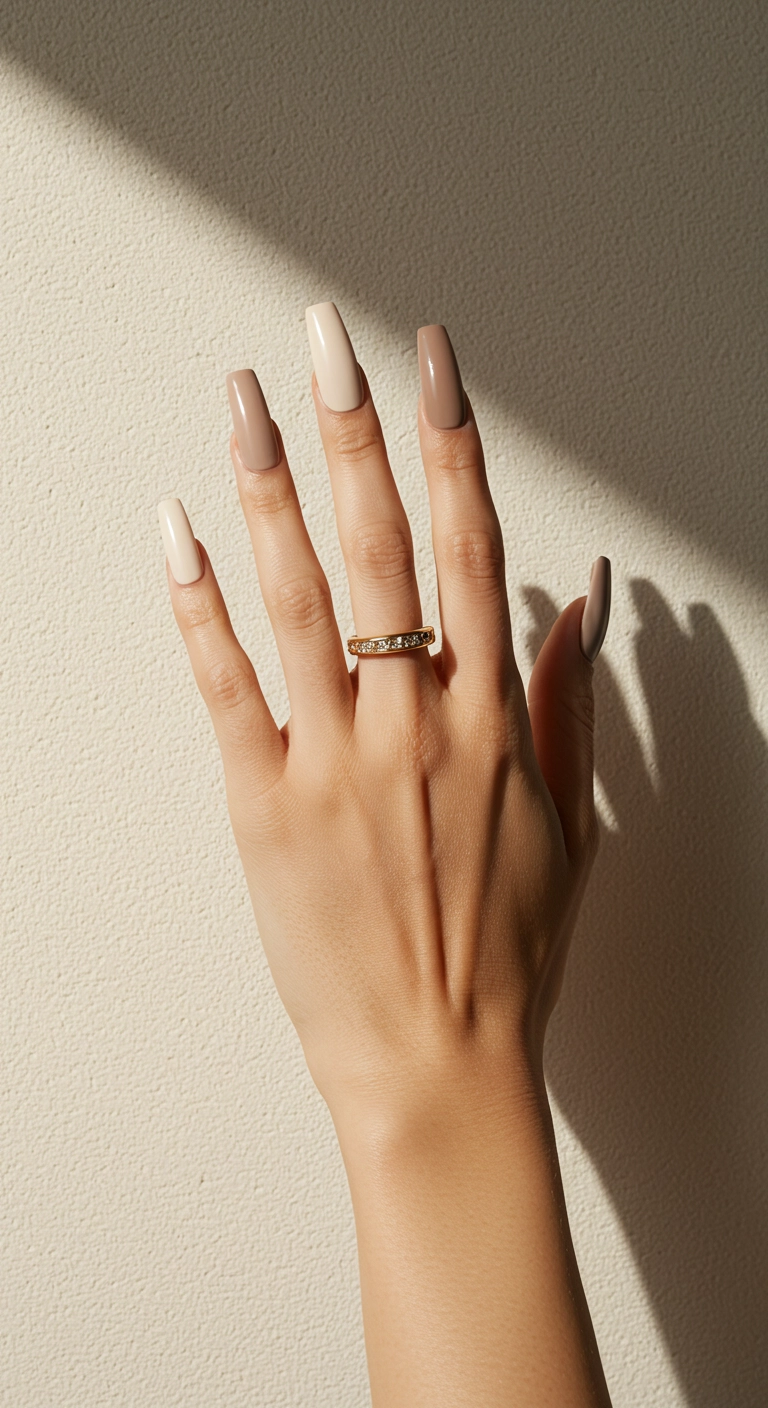 A hand with long coffin acrylic nails where each nail is painted a different shade of glossy neutral colors.