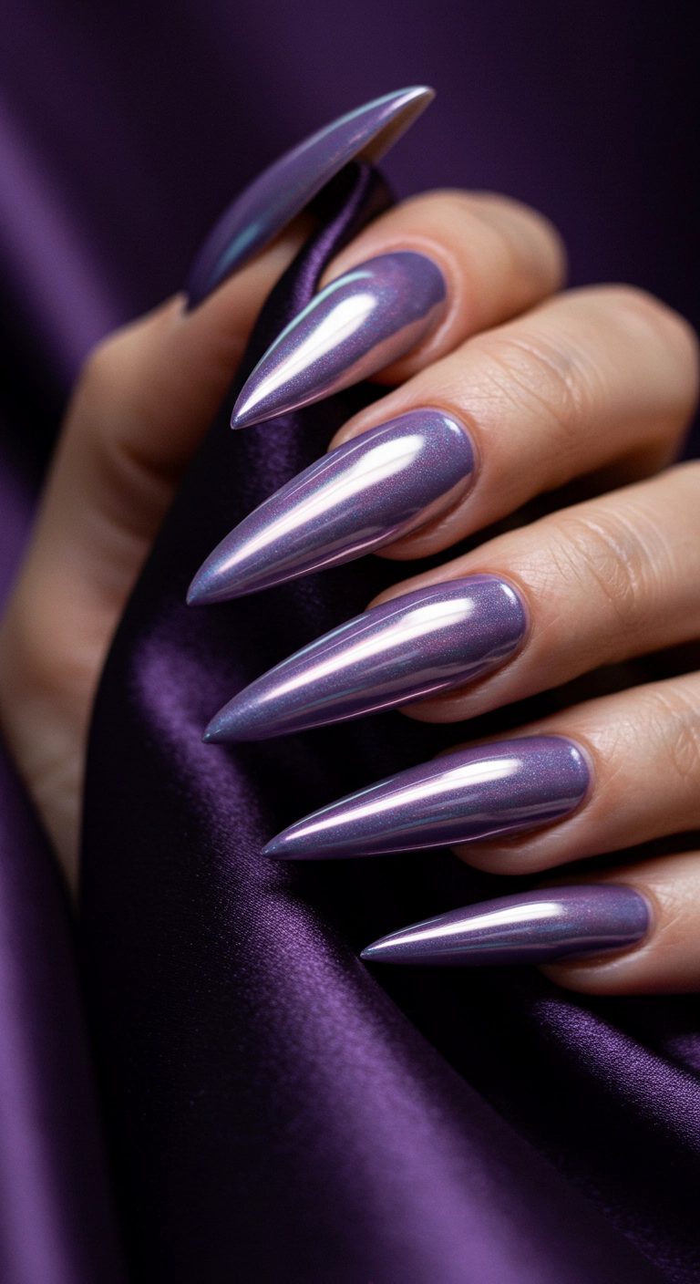 Stunning stiletto acrylic nails with a futuristic and iridescent lavender chrome finish.