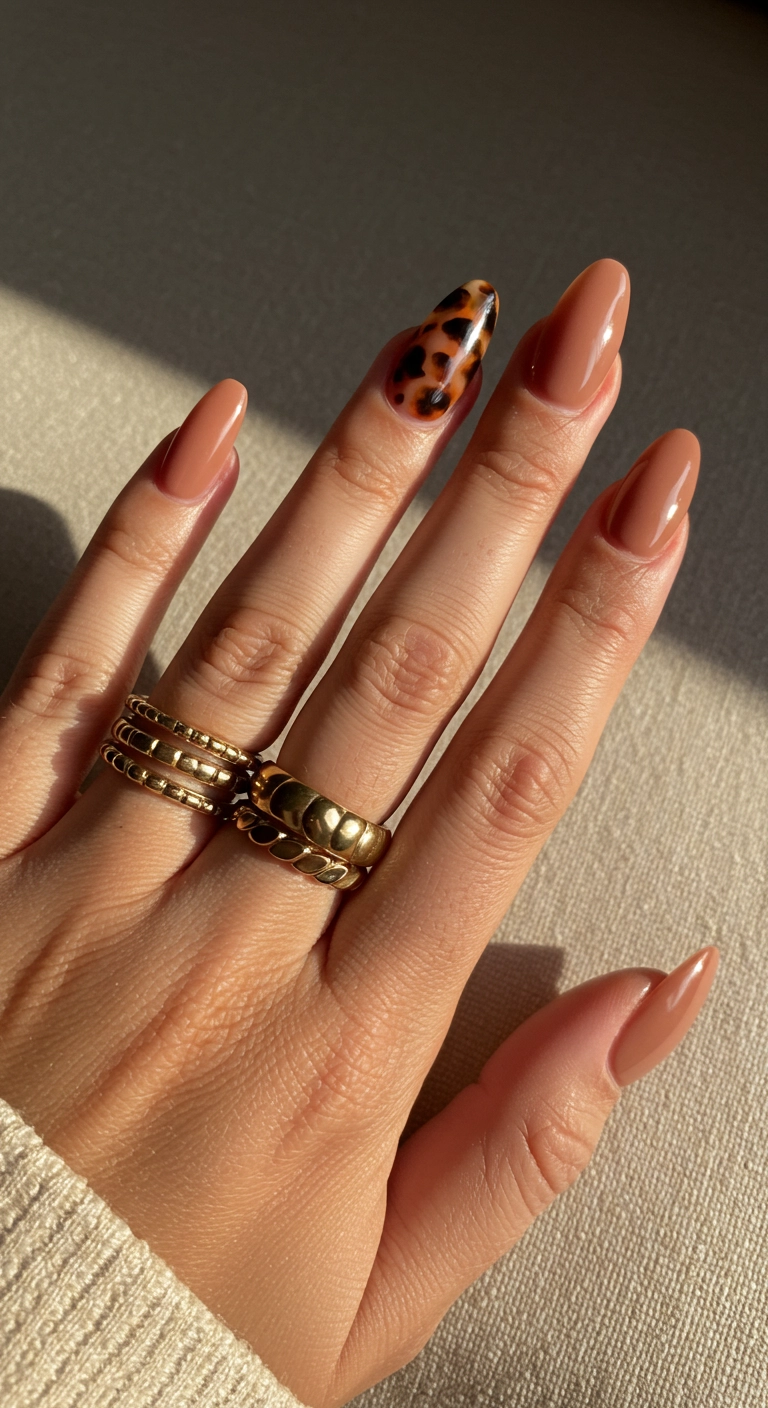 Almond-shaped acrylic nails with a glossy nude color and a detailed tortoiseshell accent nail.