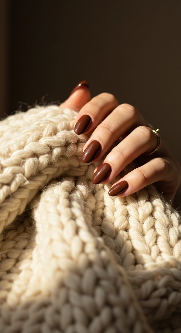 A woman's hands with long, squoval acrylic nails in a rich and glossy chocolate brown color.