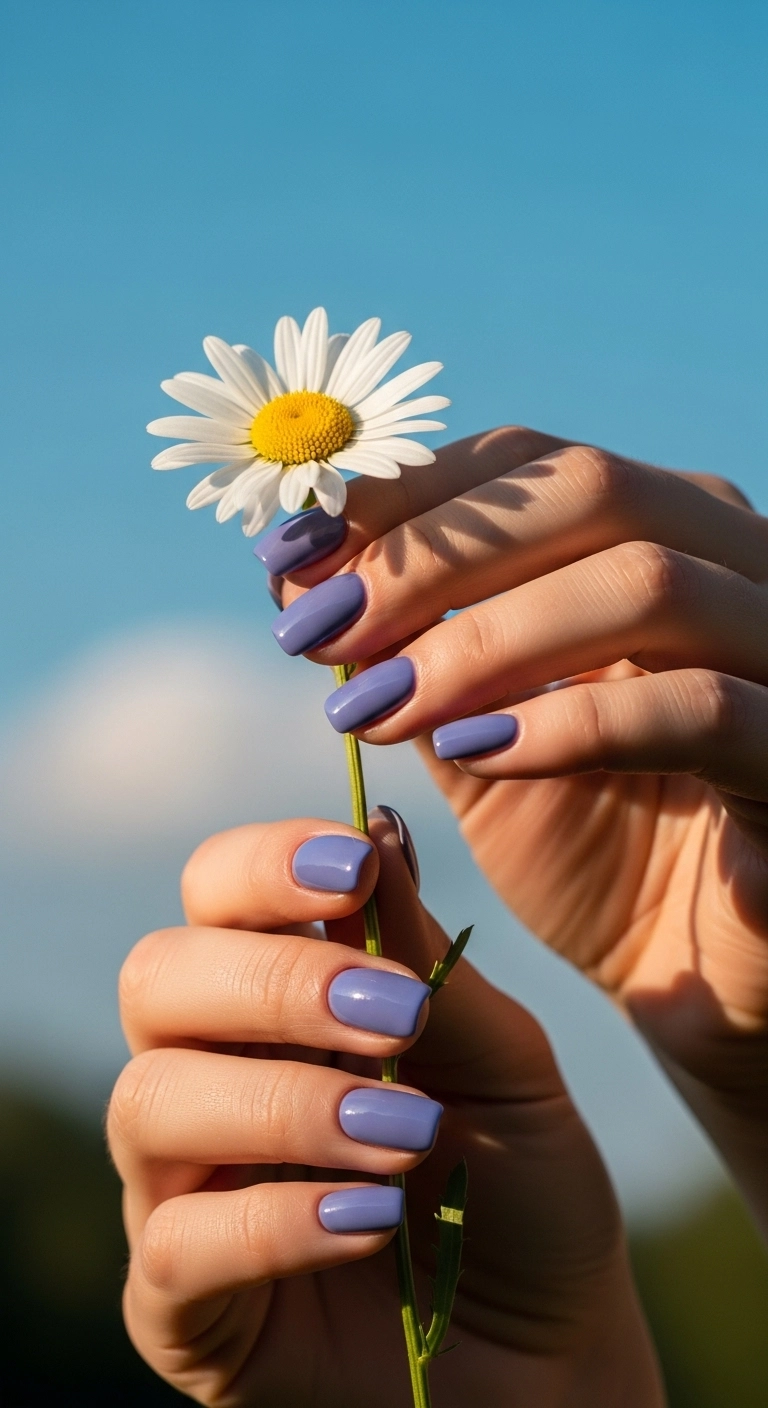 Short square acrylic nails in a bright and cheerful glossy periwinkle color, held against a blue sky.
