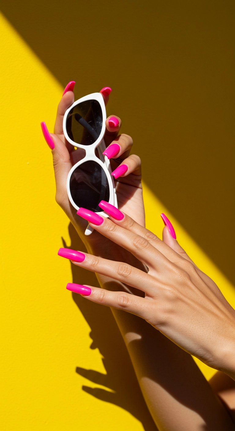 A woman's hands showing off long, square-shaped acrylic nails in a vibrant, glossy hot pink.