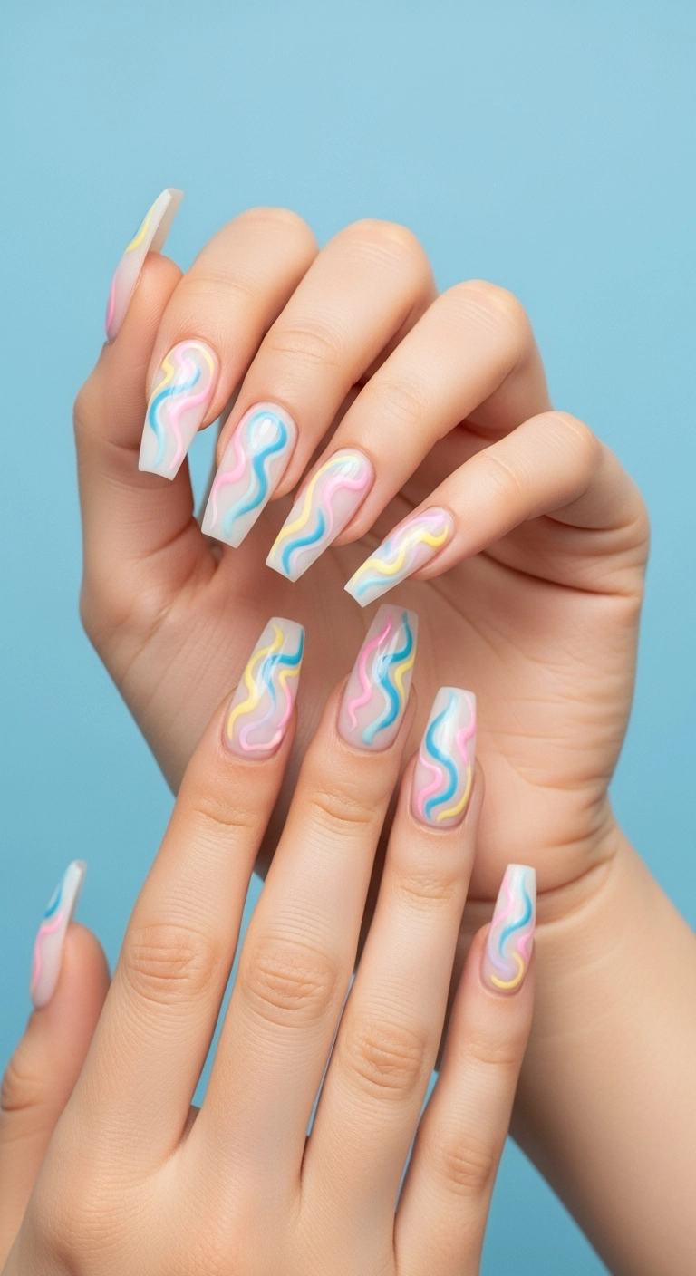 Medium coffin acrylic nails with a fun and playful abstract swirl design in pastel colors.