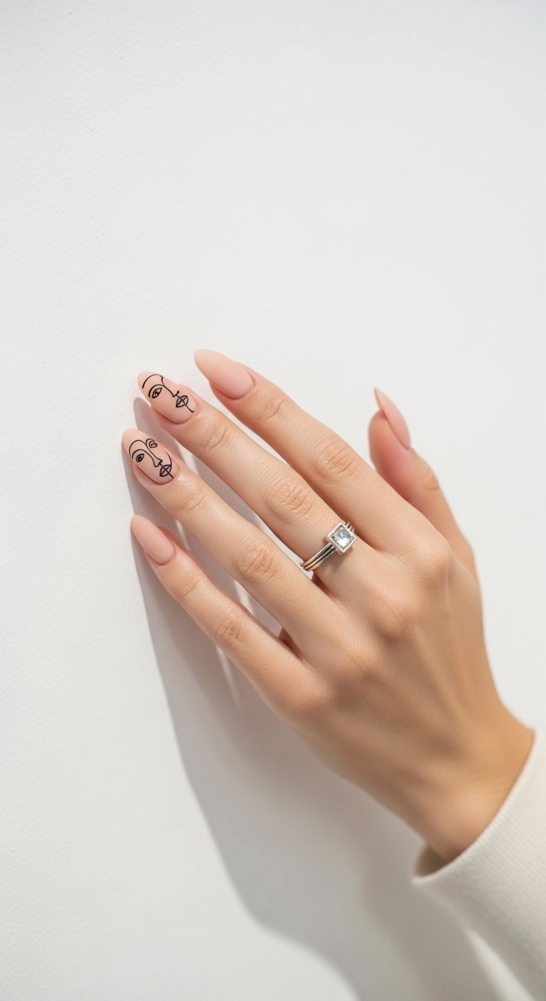 Almond acrylic nails with a matte nude base featuring minimalist abstract face line art.