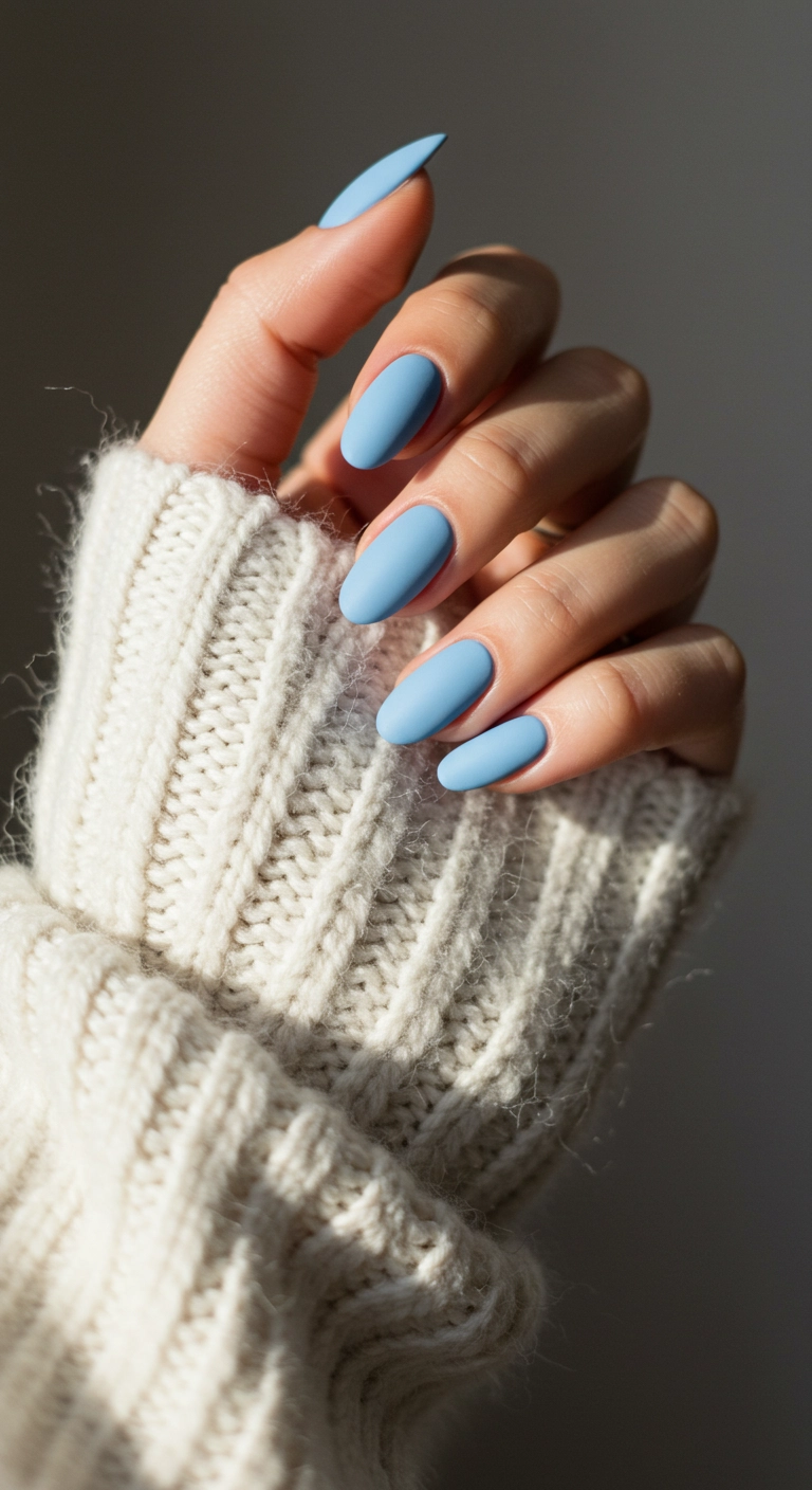 Medium almond-shaped acrylic nails in a soft baby blue color with a trendy matte finish.
