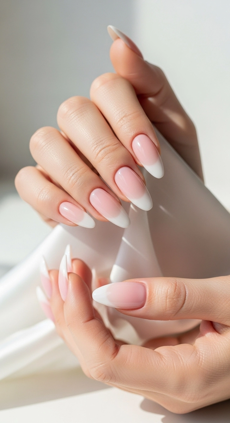 Close-up of elegant almond-shaped acrylic nails with a classic French ombré design.
