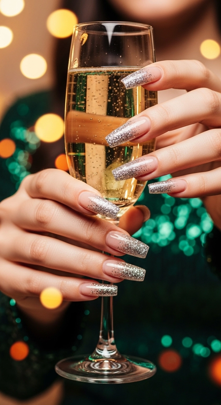 Long coffin acrylic nails with a glamorous silver glitter ombré design fading into a nude base.