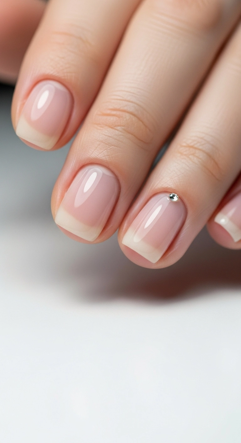 Short, round acrylic nails with a glossy nude polish, featuring a single, tiny rhinestone at the base of the ring finger.