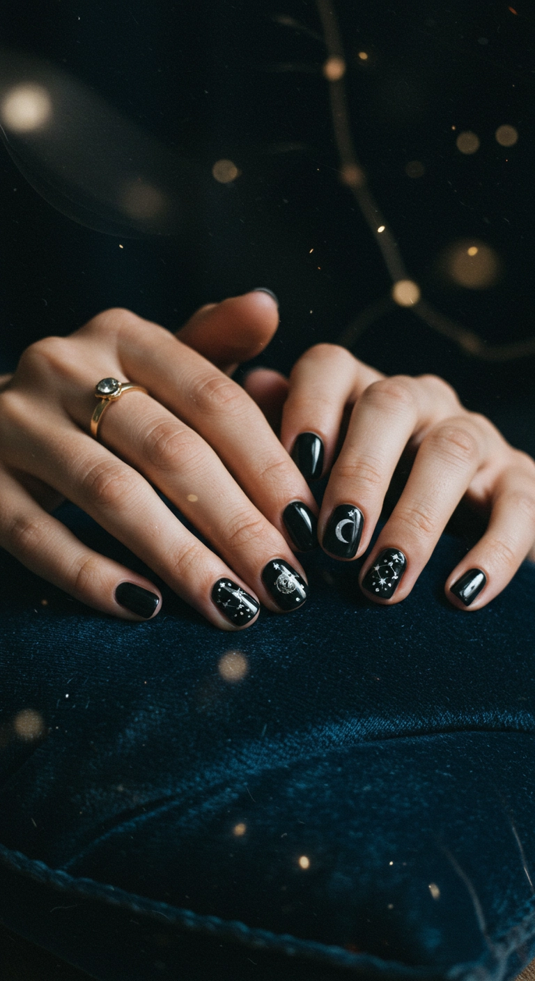 Short glossy black nails with delicate, hand-painted silver celestial designs.