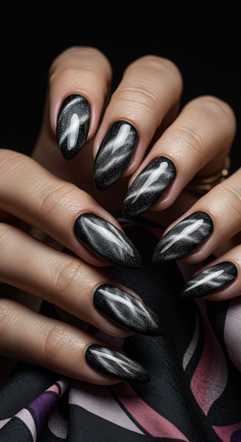 Almond-shaped nails with a black cat-eye effect, showing a shifting silver magnetic line.